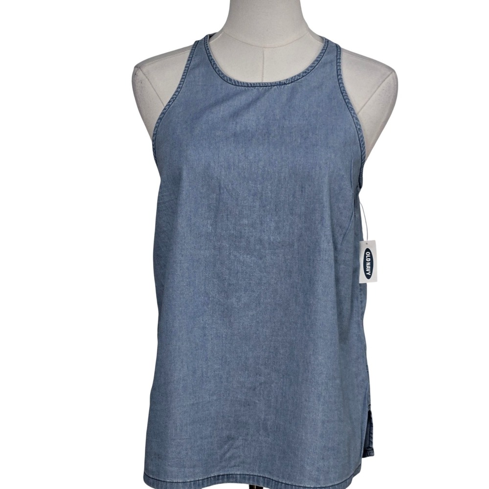 Old Navy Tank Womens S Blue Chambray Crew Neck Keyhole Slit Unlined Relaxed Fit